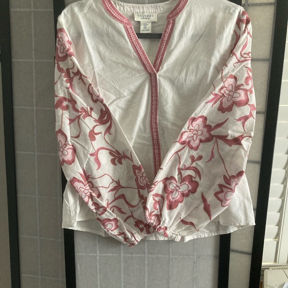 Calypso St. Barth Tops - Calypso St. Barth White Blouse with Pink Floral Embroidered Sleeves